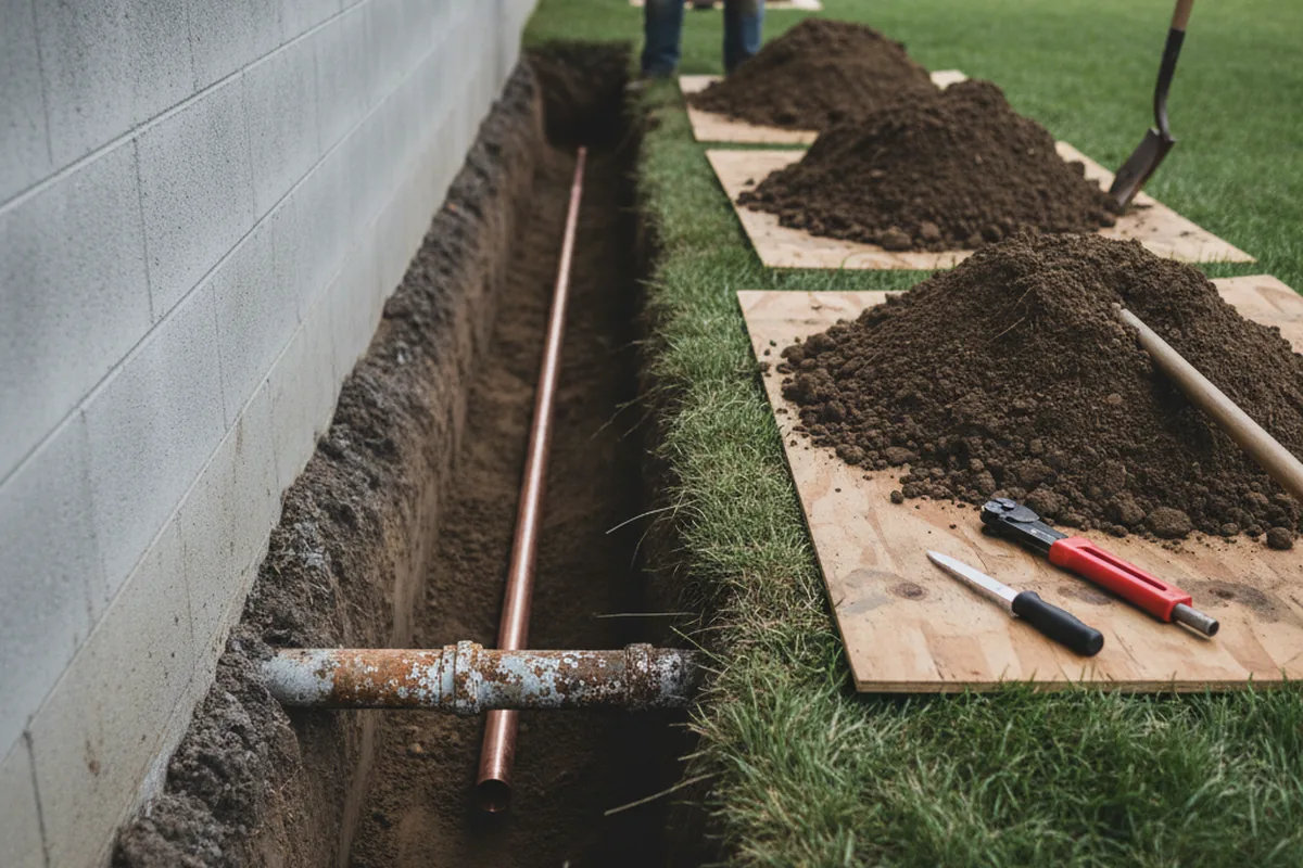 Excavated water line trench during Sewer Line Repair in Wyckoff